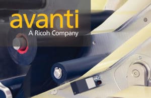 Avanti logo over a Fragment of the conveyor of sticking labeling machine background