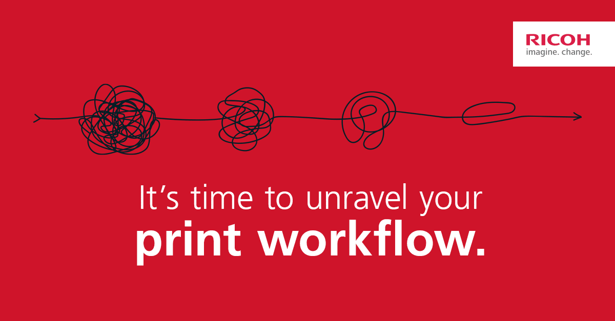 A thread arrow untangling in four stages with a caption saying it's time to unravel your print workflow