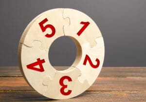 Puzzle ring with each piece having bold red numbers from one to five